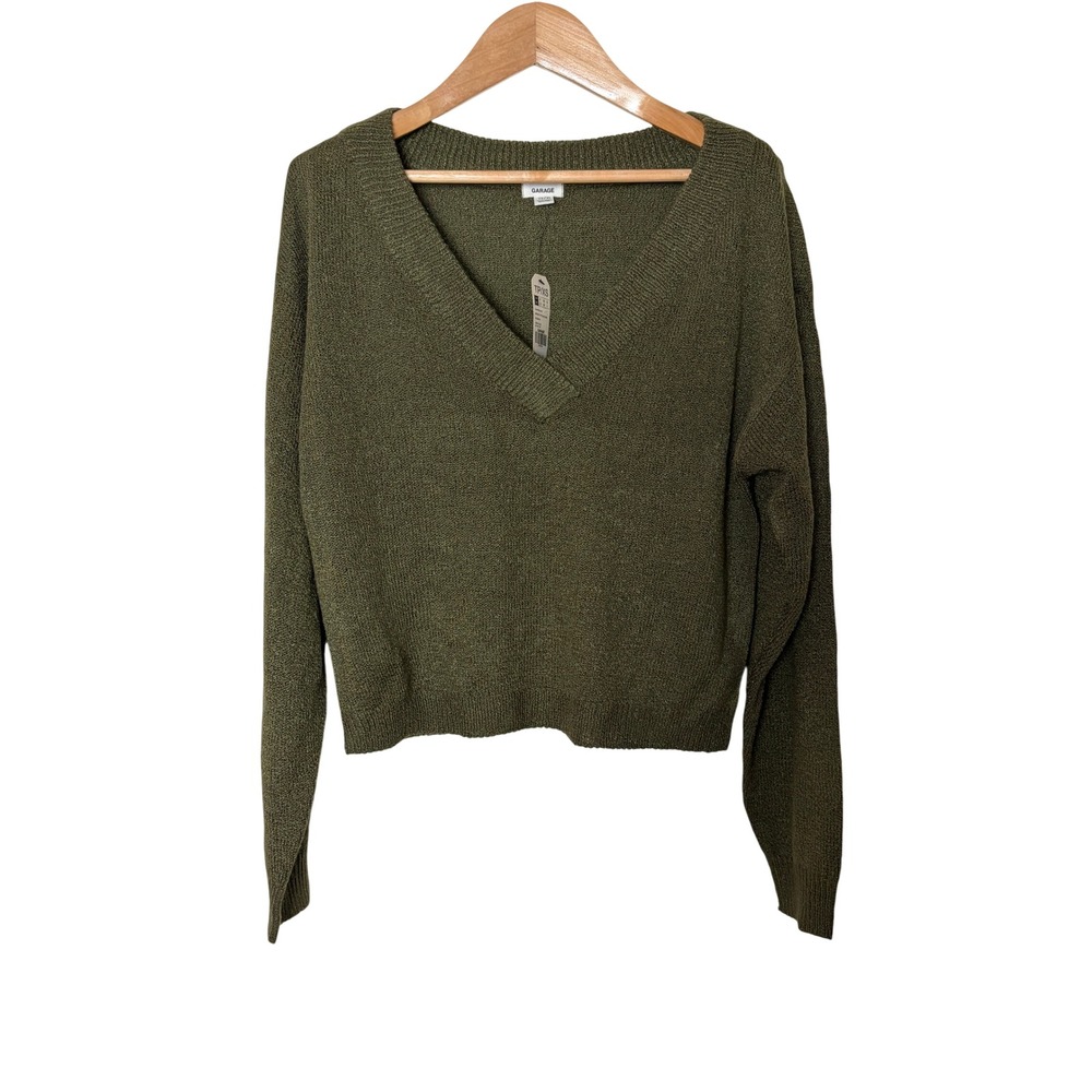 Garage V-Neck Knit Sweater Dark Olive Green XS NWT